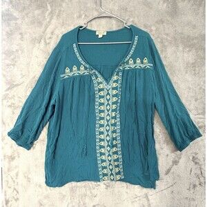 One World Live and Let Live Top 3X Plus Size Womens Boho Teal Peasant Blouse
